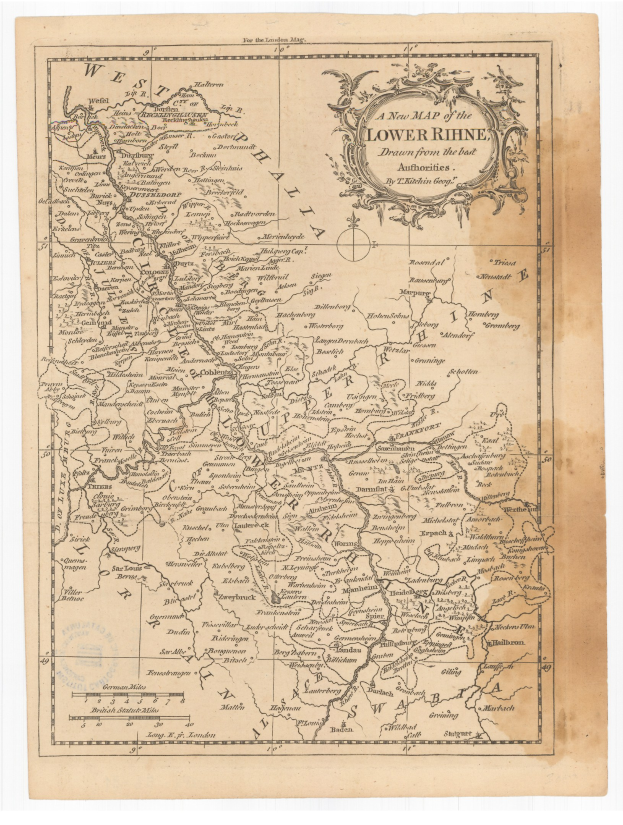 Detaillierte alte Karte der Niederrhein-Region mit klassischem Text, die Flüsse, Berge und Städte zeigt.
