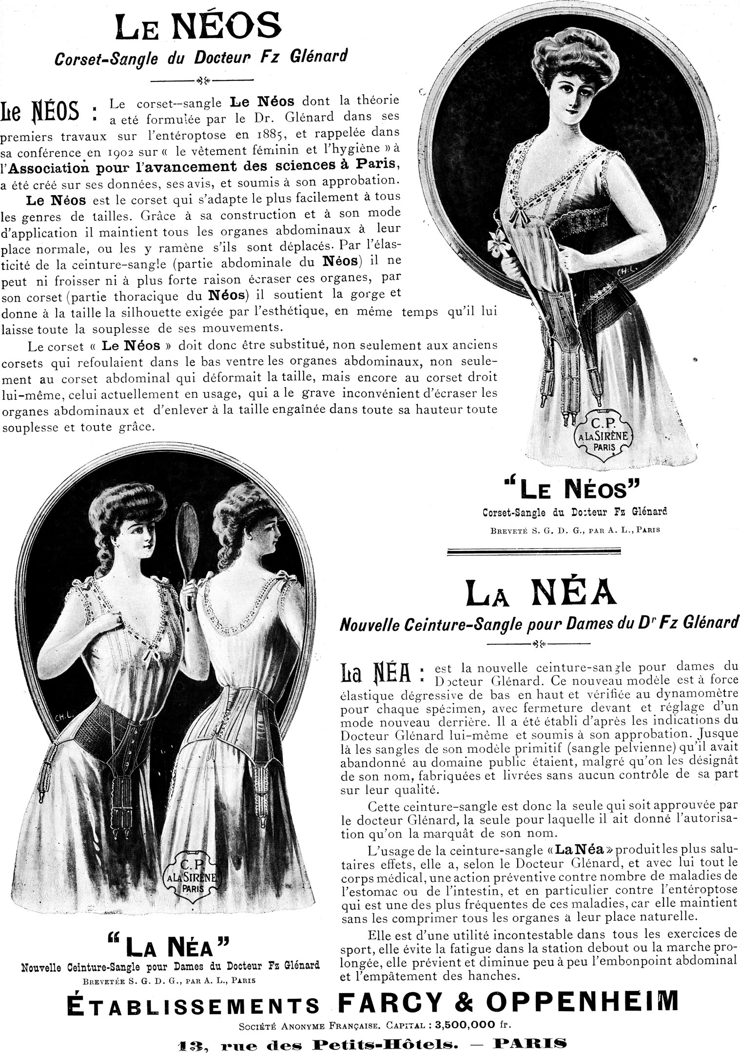 Werbung von den 1920er Jahren für ein Frauenkleid, das eine zentrale Figur in einem langen, hochgeschlossenen Kleid mit langen Ärmeln und einem Dutt zeigt, die Hände gefaltet, den Kopf geneigt, mit fetter schwarzer Schrift "Le Neos."