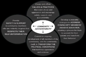 Ein Diagramm mit der Überschrift "Gemeinschaftliche Verantwortung" und einem zentralen Kreis, der durch Pfeile mit drei überlappenden Kreisen verbunden ist, alle in starken, leuchtenden Farben.