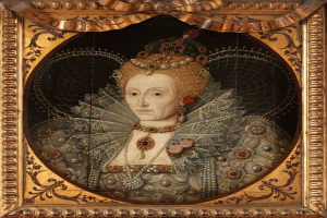 Porträt der Queen Elizabeth I. von England in einem weißen Kleid mit einer blauen Schärpe, die eine Krone trägt und ihre Hände vor sich hält, gemalt im realistischen Stil mit leuchtenden Farben und detaillierten Elementen.