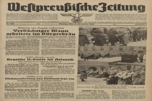 Schwarze und weiße Titelseite einer deutschen Zeitung vom 13. November 1939 mit der Überschrift "Weitpreubliche Zeitung", die eine Gruppe von Menschen in traditioneller deutscher Tracht in einer feierlichen Atmosphäre zeigt.