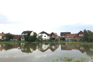 Eine überflutete Straße mit Häusern im Hintergrund, umgeben von Wasser, Gras, Pflanzen, Bäumen und Pfählen, unter einem sichtbaren Himmel, der die verheerenden Auswirkungen von Überschwemmungen in Deutschland zeigt.