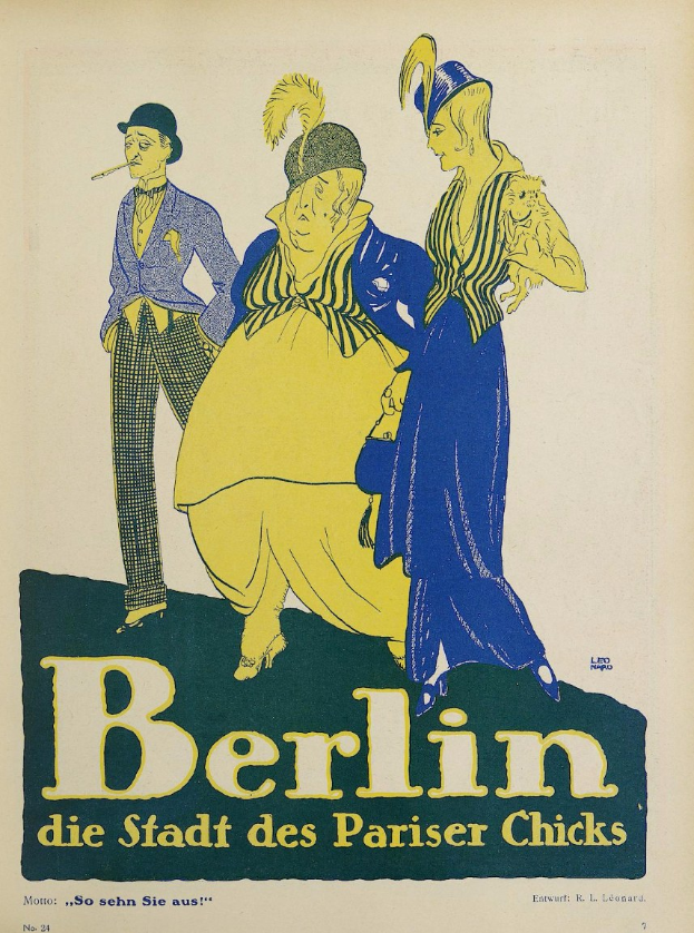 Plakat für ein Berliner Konzert mit dem Titel "Berlin - Die Stadt des Pariser Chicks", das eine Gruppe von Menschen in bunter Kleidung vor einem Gebäude zeigt.