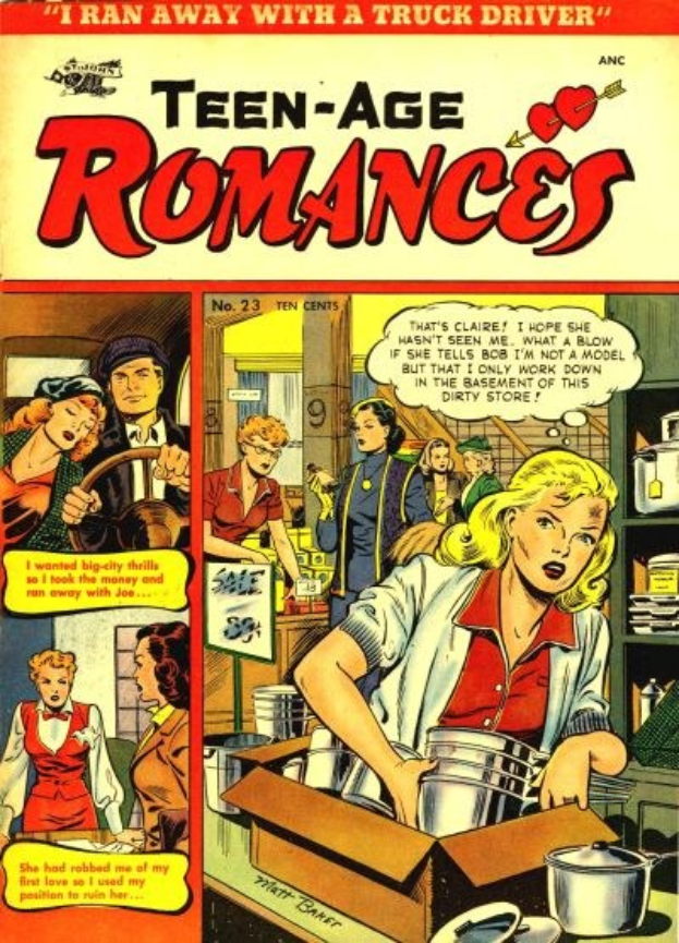 Ein leuchtendes DC-Comics-Plakat mit der Aufschrift "Teen-Age Romances 23-A", das eine Gruppe von Menschen in einer romantischen Umarmung zeigt.