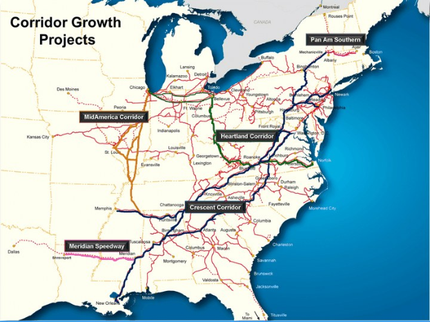 Plakat mit der Aufschrift "Corridor Growth Projects" mit einer detaillierten U.S.-Karte mit hervorgehobenen Straßen und Highways auf einem hellblauen Hintergrund.