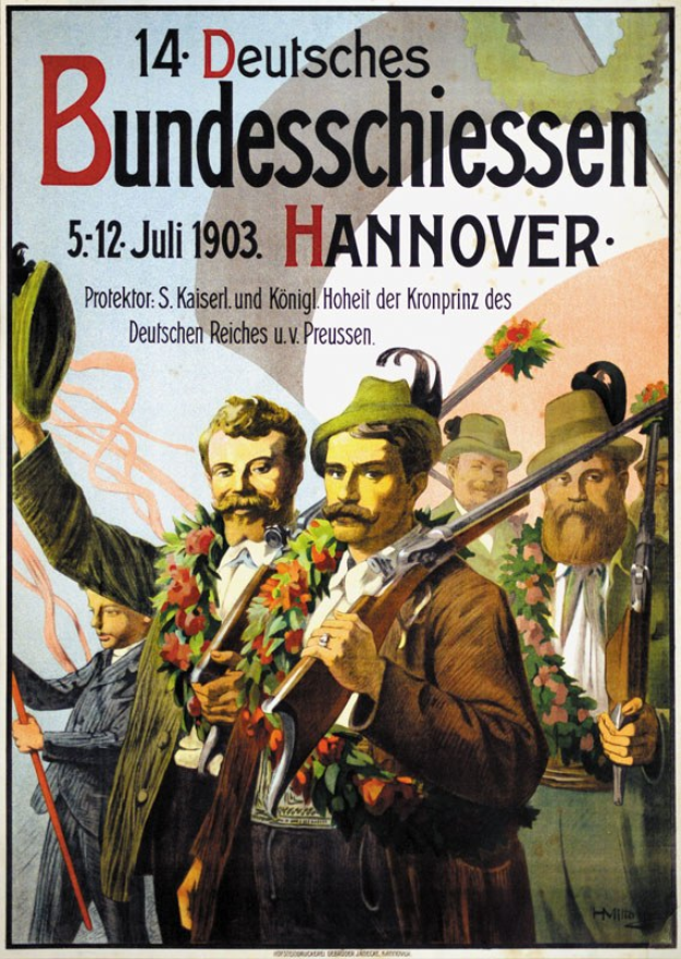 Deutsches Propagandaplakat aus dem Zweiten Weltkrieg, das eine Gruppe von Menschen in Girlanden zeigt, die Gewehre halten, mit Text oben und unten.