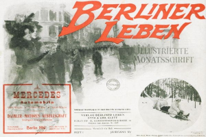 Anzeige für ein Mercedes-Benz-Fahrzeug in Berlin, das Menschen, Bäume, Gebäude, Text und einen Stempel zeigt.