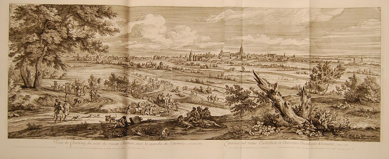 Offenes Buch mit dem Titel 'Ansicht der Schlacht von Castellum und Castellium aus der Illustrated London News', das eine historische Schlachtenszene mit Menschen, Bäumen, Pflanzen, Gebäuden und Wolken zeigt.