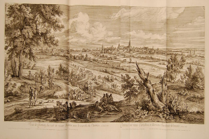 Offenes Buch mit dem Titel 'Ansicht der Schlacht von Castellum und Castellium aus der Illustrated London News', das eine historische Schlachtenszene mit Menschen, Bäumen, Pflanzen, Gebäuden und Wolken zeigt.