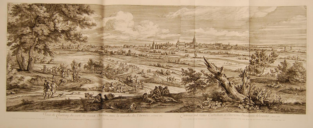Offenes Buch mit dem Titel 'Ansicht der Schlacht von Castellum und Castellium aus der Illustrated London News', das eine historische Schlachtenszene mit Menschen, Bäumen, Pflanzen, Gebäuden und Wolken zeigt.