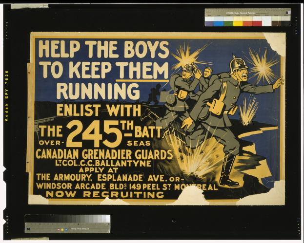 Schwarzes Plakat mit einer Gruppe uniformierter Läufer und dem Text "Hilf den Jungs, damit sie weiterlaufen".