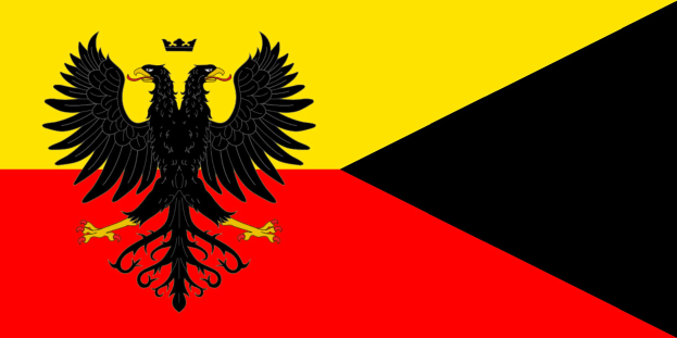 Deutsche Flagge mit drei waagerechten Streifen in Schwarz, Rot und Gold, mit einem schwarzen Doppeladler in der Mitte mit ausgebreiteten Flügeln und erhobenem Haupt.