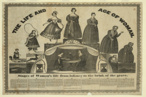 Eine bunte Papierreproduktion, die die Phasen des Lebens von Frauen von der Kindheit bis zum Alter zeigt, mit fetter Schrift und detaillierten Elementen.