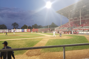 Baseballspiel in einem Stadion mit Zuschauern in den Rängen, Geländer im Vordergrund, Bäume, Pfosten, Lichter, Werbetafeln und klarer blauer Himmel im Hintergrund.