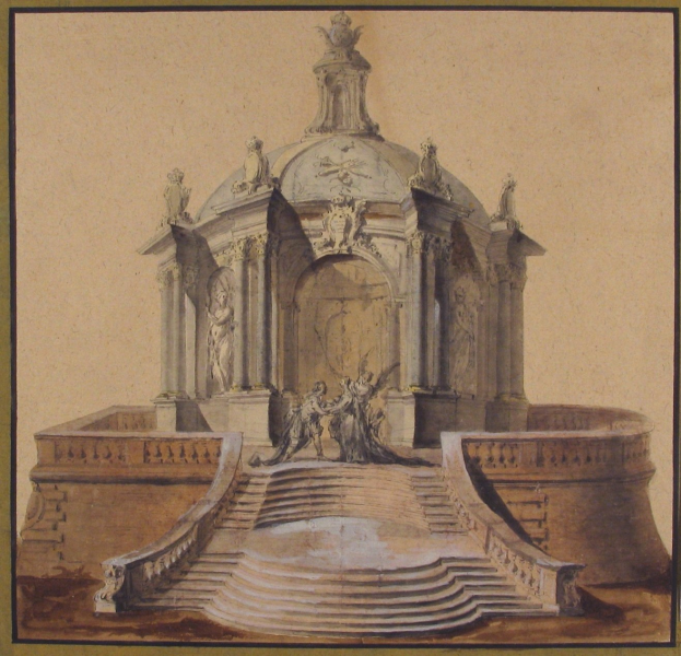 Zeichnung einer klassizistischen Brunnenfigur mit einer Statue darauf, umrahmt von einem Foto Rahmen, umgeben von Stufen und zusätzlichen Skulpturen.