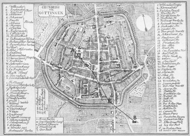 Schwarz-weiß-Karte von Göttingen, Deutschland, zeigt Straßen, Gebäude und Sehenswürdigkeiten.