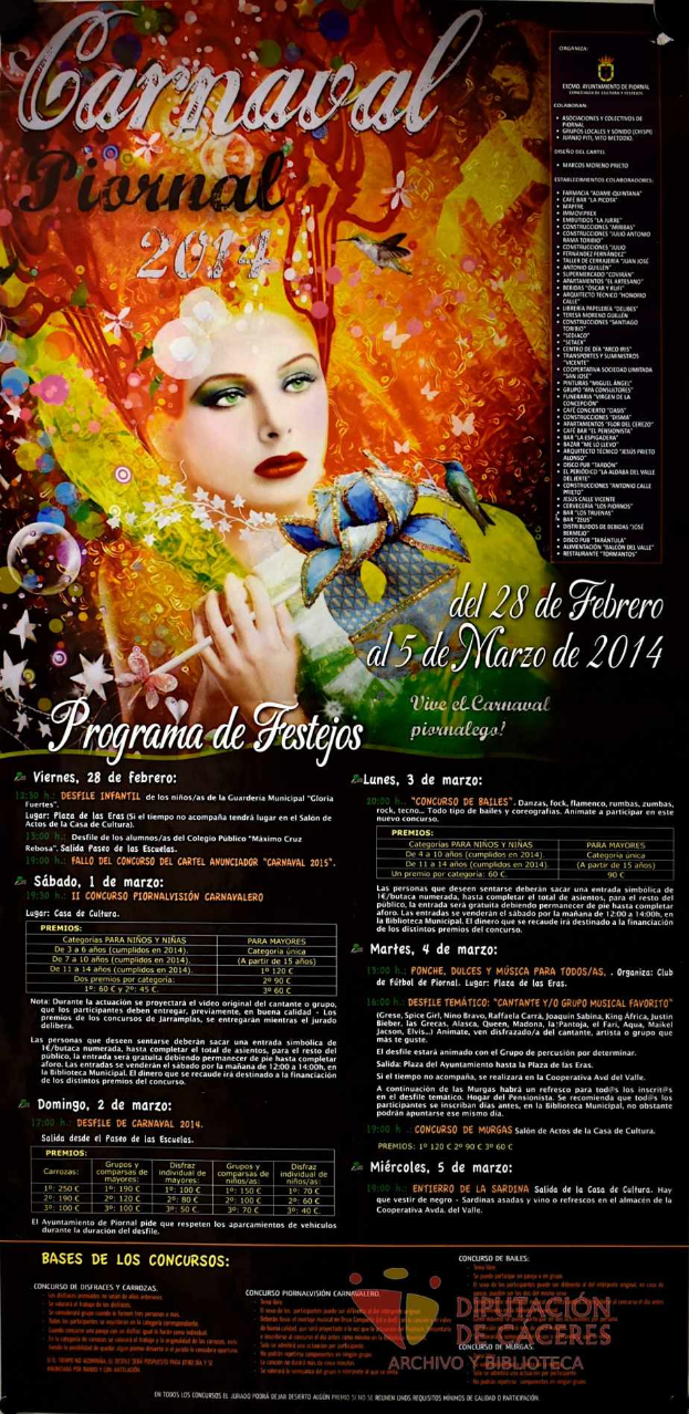 Eine Frau in einem bunten Kleid, die lächelt, umgeben von der Schrift "Carnaval Festival 2014" in fetter schwarzer Schrift auf einem leuchtend gelben Hintergrund.