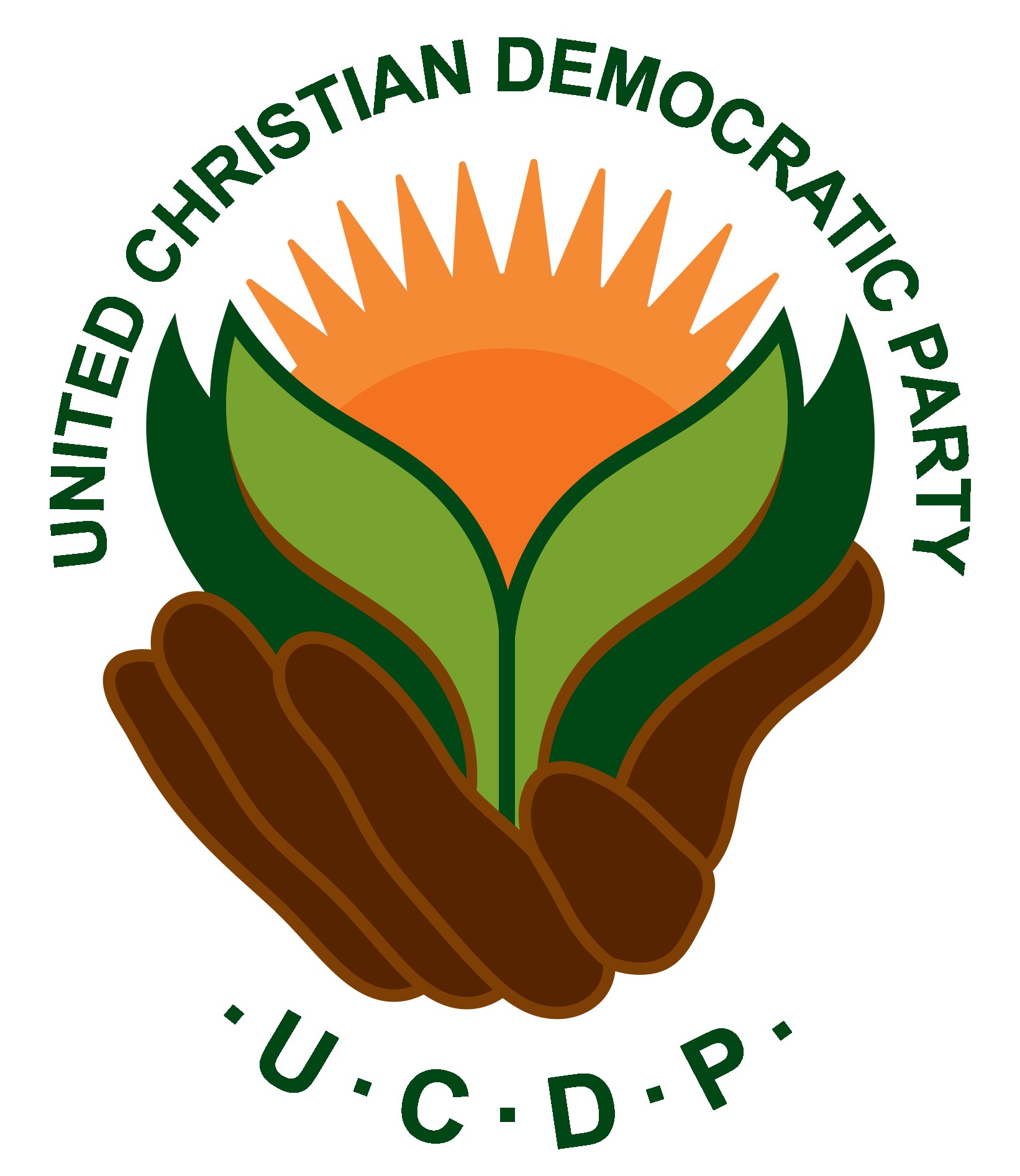 Logo der Vereinigte Christdemokratische Partei (UCDP): eine Hand, die eine leuchtend gelbe Blume mit einem grünen Stiel und Blättern hält, zentriert innerhalb eines blauen und gelben Kreises auf einem weißen Hintergrund, mit "UCDP" in fettem schwarzem Text darunter.