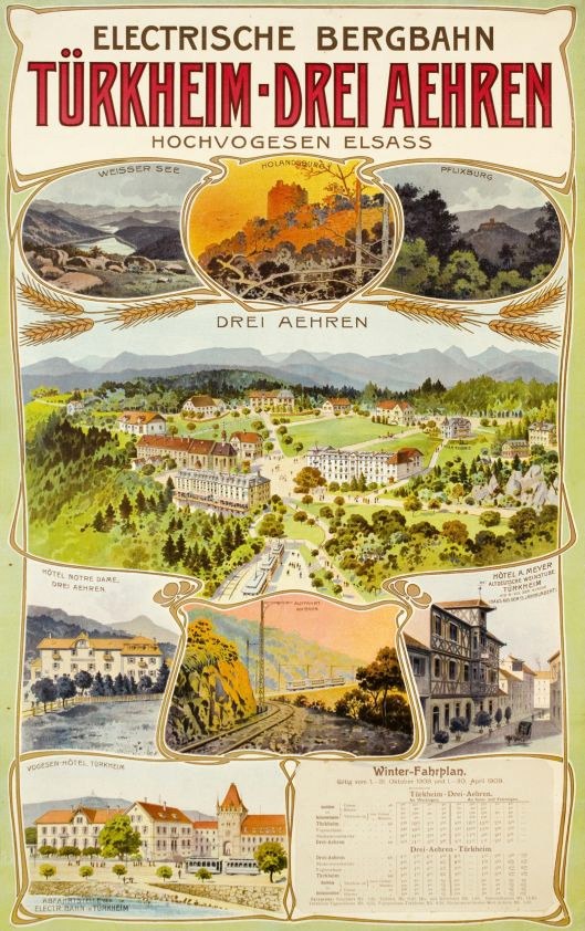 Plakat bewirbt Bergbahn, Deutschland als Elektrostadt, zeigt Gebäude, Bäume, Hügel und beschreibenden Text.