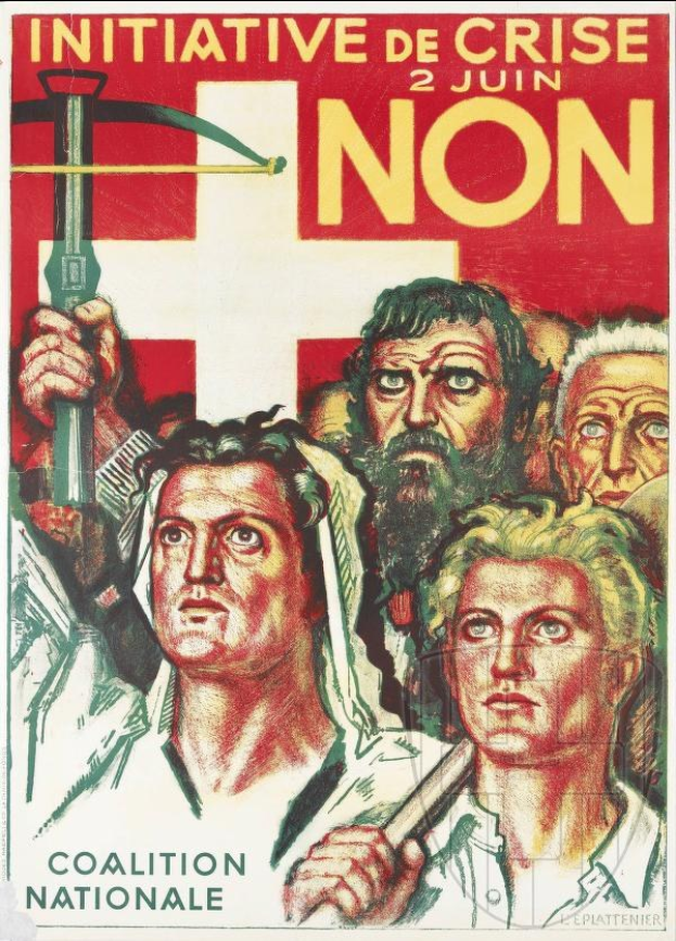 Plakat der Coalition Nationale, einer nicht-regierungsgebundenen Initiative, mit einer Gruppe von Menschen, die einen Hammer und eine Sichel halten, und Texten, die über die Organisation und ihre Mission informieren.