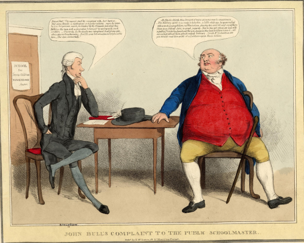 Illustration von zwei Personen, die an einem Tisch mit einem Hut und Papieren darauf sitzen, mit einer Tür und einem Papier an der Wand im Hintergrund.