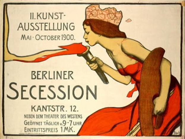 Plakat aus der Berliner Secession von 1900, das eine Frau in rotem Kleid zeigt, die ein Objekt hält, mit Text zu den Ereignissen.