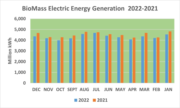 Balkendiagramm, das die Trends der elektrischen Energieerzeugung aus Biomasse von 2021 bis 2022 zeigt, mit begleitendem erklärendem Text.