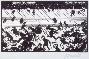 Eine Schwarz-Weiß-Zeichnung eines vollen Stadions mit Zuschauern, die Menschen mit ausgestreckten Armen und Beinen laufen, unter einem hellblauen Himmel, mit Text unten.