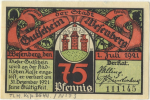 Alte deutsche Banknote mit einem Gebäude, dem Text 'Bundesliga' und einem Logo auf einem weißen Hintergrund.