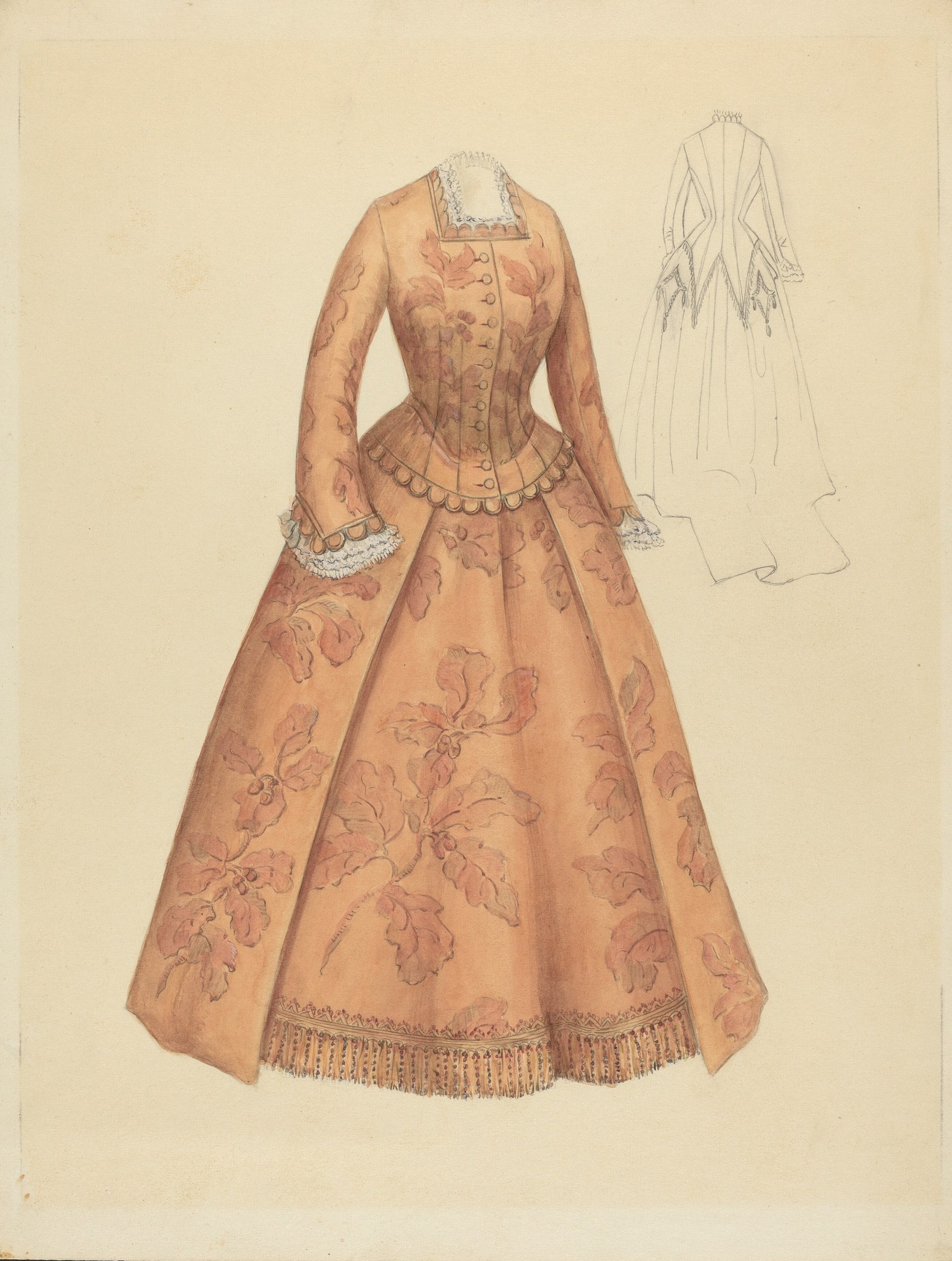 Ein detailliertes Kostümdesign aus dem 18. Jahrhundert für ein bodenlanges Kleid mit hohem Kragen, floral gemustertem Oberteil in Rosa, Lila und Blau sowie einem Spitzenbesatz an Rock und Saum.