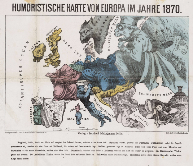 Plakat mit der Aufschrift "Humoristische Karte von Europa im Jahre 1870" zeigt eine Karte von Europa umgeben von Cartoon-Bildern und Text.