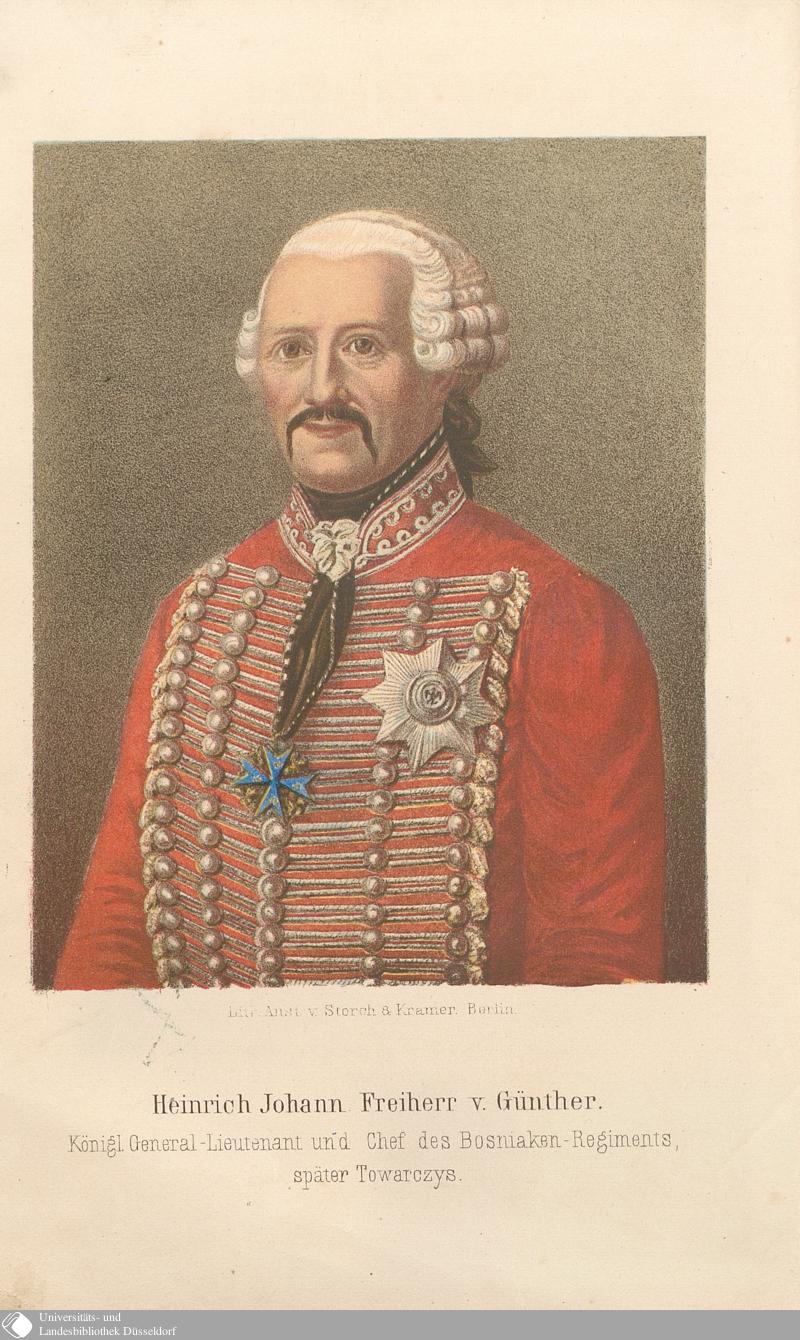 Porträt von Heinrich Johann Freiherr V. Günther in roter Militäruniform, mit Text unten im Bild.
