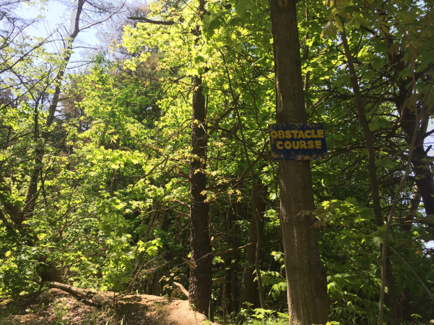 Ein Schotterweg in einem bewaldeten Gebiet, der von einem Schild mit der Aufschrift 'Hindernislauf' markiert ist, mit Bäumen auf beiden Seiten und einem sichtbaren Himmel im Hintergrund.