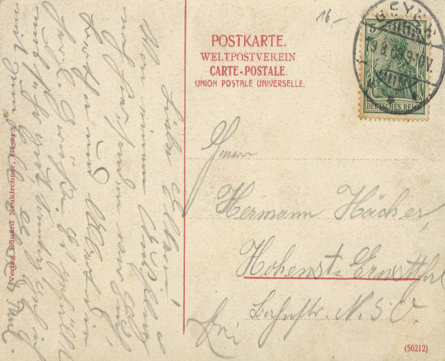 Eine alte Postkarte mit einer Briefmarke, adressiert von Deutschland nach Deutschland, mit dem Text "Postkarte Weltpostverein" und "Union Postale Universelle".
