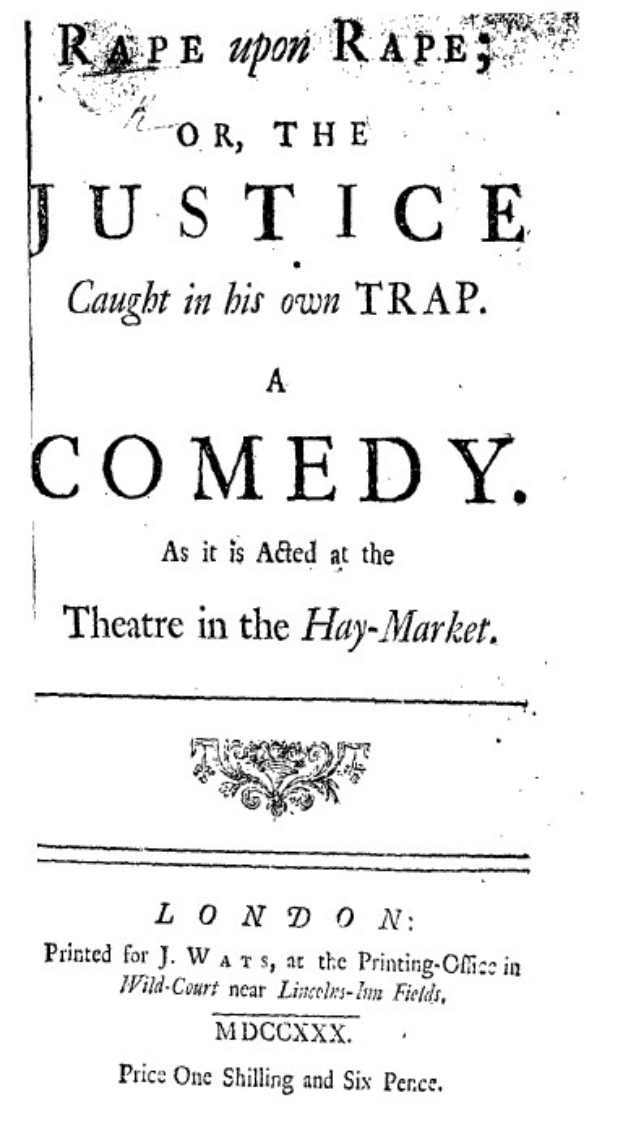 Schwarzes und weißes Plakat mit der Aufschrift "Vergewaltigung auf Vergewaltigung oder die Gerechtigkeit, die in ihrer eigenen Falle gefangen ist" in fetter schwarzer Schrift, wahrscheinlich Ankündigung einer Comedy-Show.