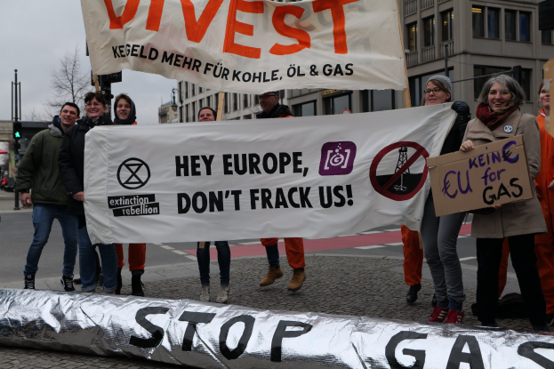 Gruppe von Menschen auf einer Straße mit einem "Stoppt Gas"-Schild, die gegen die Europäische Union protestieren, mit Gebäuden, Bäumen, Pfählen und Verkehrszeichen im Hintergrund unter einem klaren blauen Himmel.