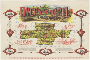 Ein buntes Stadtplan-Poster von Overwiningspel, Deutschland, mit lächelnden Menschen, Bäumen und klar beschrifteten Sehenswürdigkeiten.