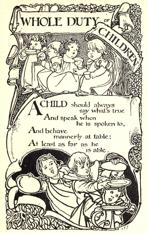 Plakat mit einem hellgelben Hintergrund, auf dem eine Zeichnung einer vielseitigen Gruppe strahlender Kinder in bunten Kleidern zu sehen ist, mit der Überschrift 'Vollständige Pflicht der Kinder' in fetter schwarzer Schrift.
