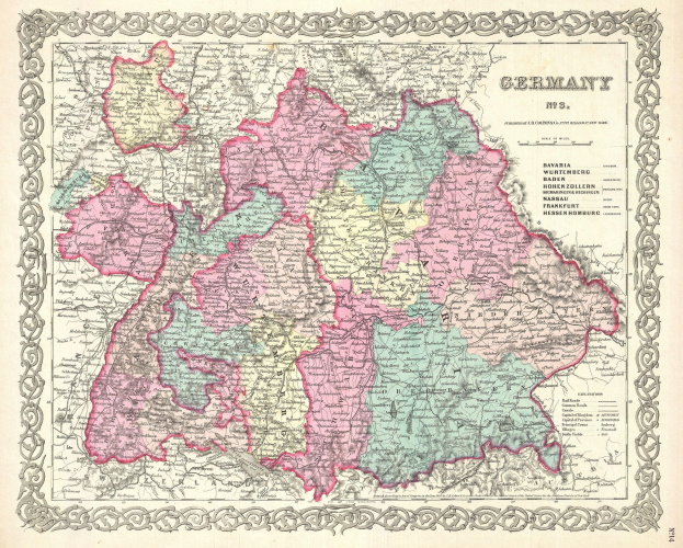 Alte Deutschlandkarte mit Bayern, Baden-Württemberg und Baden-Provinzen auf Papier mit regionalen Textdetails.
