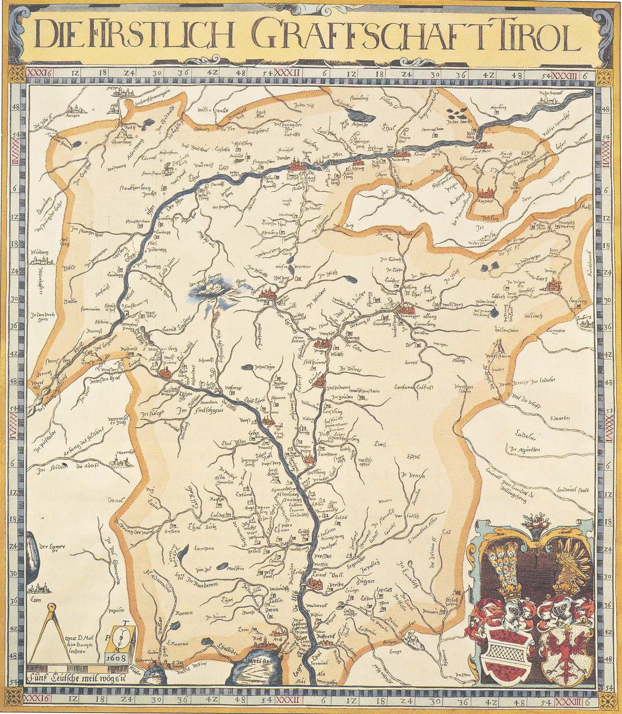 Ein detailliertes historisches Plakat der ersten Grafschaft Tirol-Karte, das geografische Merkmale wie Flüsse, Berge und Städte sowie erklärenden Text enthält.